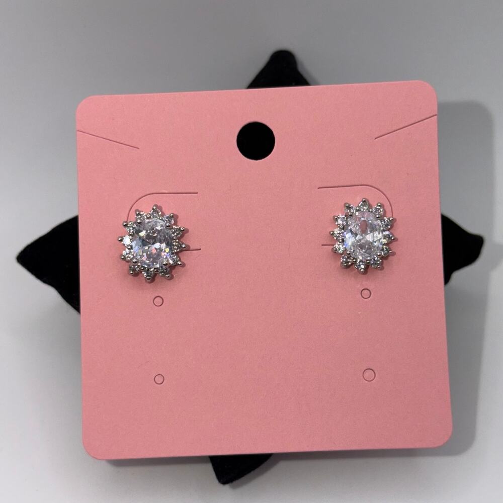 Clear Crystal Halo Oval Stud Earrings Silver Princess Diana Style Bridal